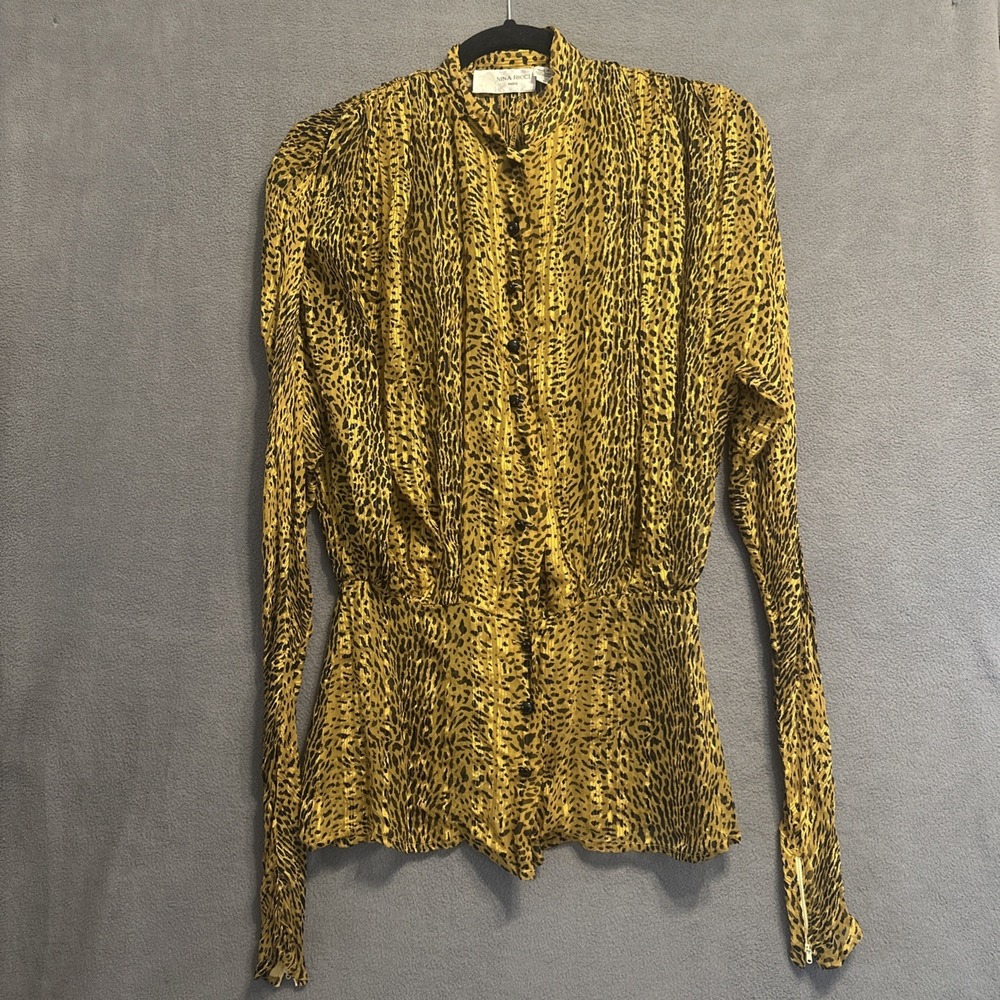 VTG Nina Ricci 100% Silk Animal Print Button Up Blouson Top Womens Size 8 *read
